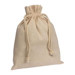 Oeko-Tex® STANDARD 100 certified, recycled, environmentally friendly cotton bag with a grammage of 110g/m². 2 lashing straps are used to close the bag. Your advertisement will be printed on one side.